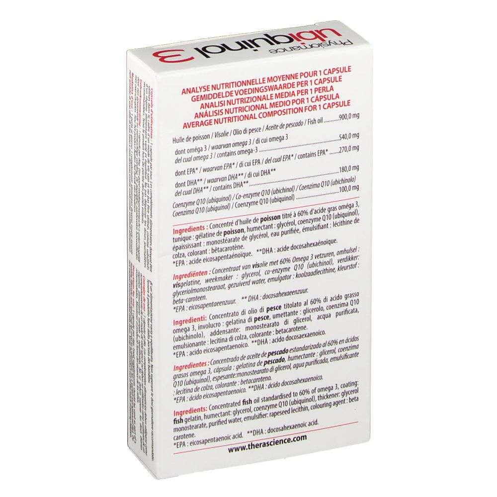 Dos de la boîte de Physiomance ubiquinol 3. Informations nutritionnelles et ingrédients. Texte multilingue.