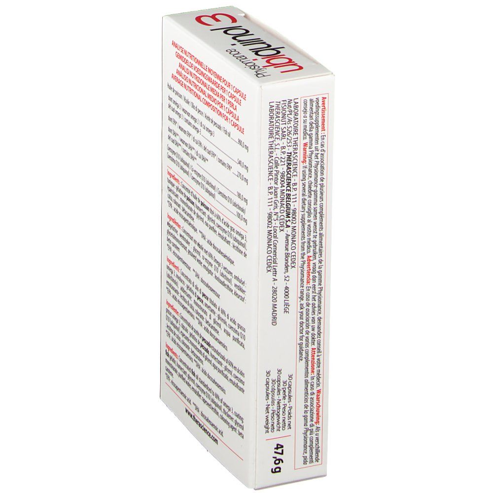 Côté de la boîte de Physiomance ubiquinol 3. Texte et informations. Poids : 47,6g.