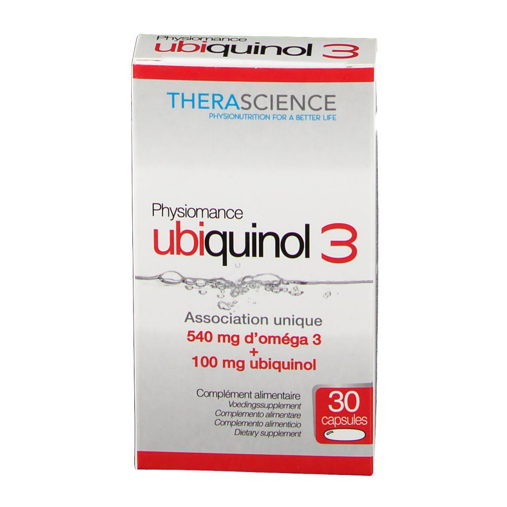 Boîte de Physiomance ubiquinol 3. Rouge et blanc, nom du produit et informations. Contient 30 capsules.