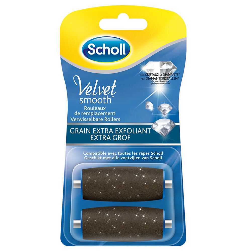 Recharges Scholl Velvet Smooth. Grain extra exfoliant. Deux rouleaux en blister. Particules de diamant.