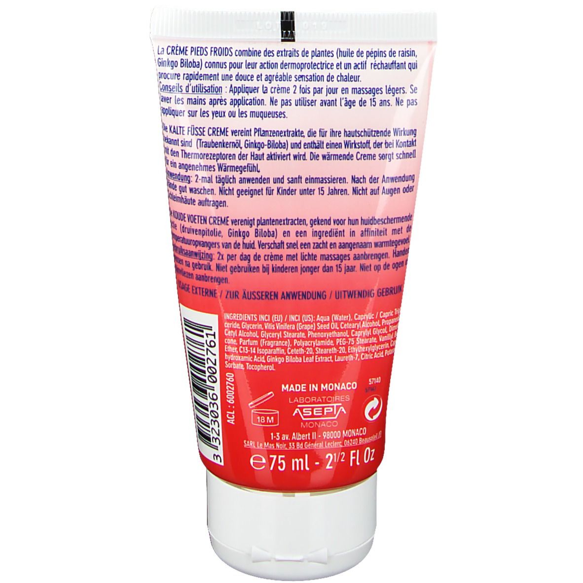 Rückseite der Creme-Tube. Text in Deutsch, Französisch und Niederländisch. Enthält Informationen zu Inhaltsstoffen und Anwendung.