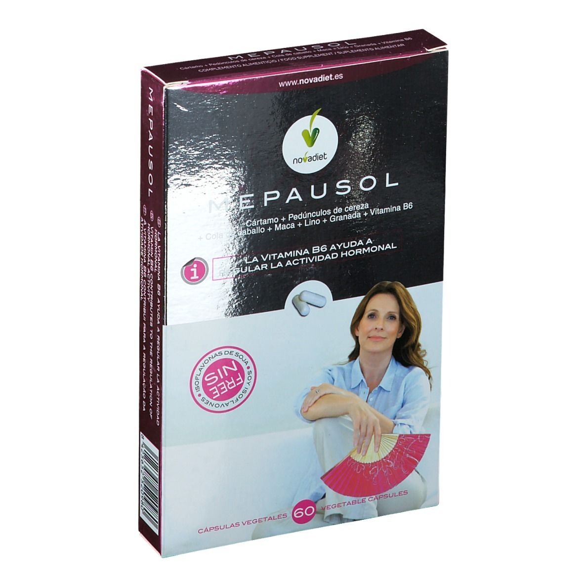 Boîte de Mepausol Cápsulas vegetales. Contient 60 gélules végétales. Texte: La vitamine B6 aide à réguler l'activité hormonale.