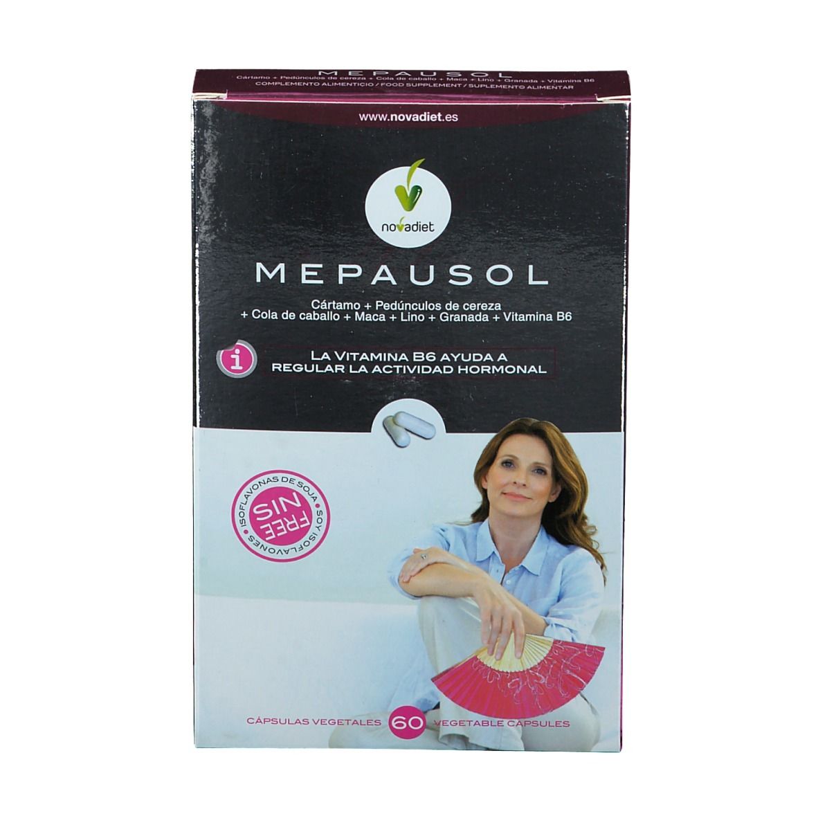 Vue de face de la boîte Mepausol Cápsulas vegetales. Contient 60 gélules. Texte: La vitamine B6 aide à réguler l'activité hormonale.