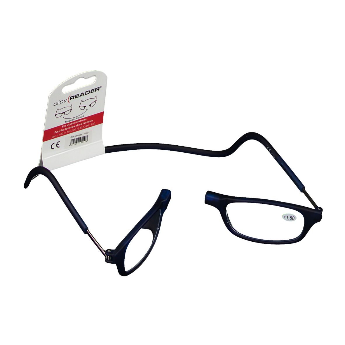 Lunettes de lecture bleues +1,50, design divisé, cordon de cou noir, emballage avec marquage CE.