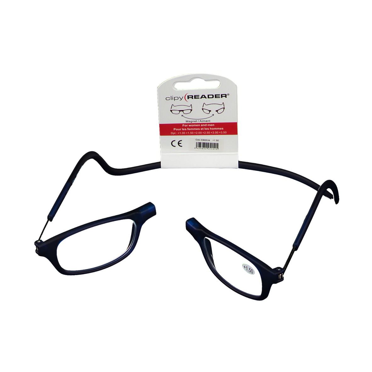 Lunettes de lecture bleues +1,50, design divisé, cordon de cou noir, emballage avec marquage CE.