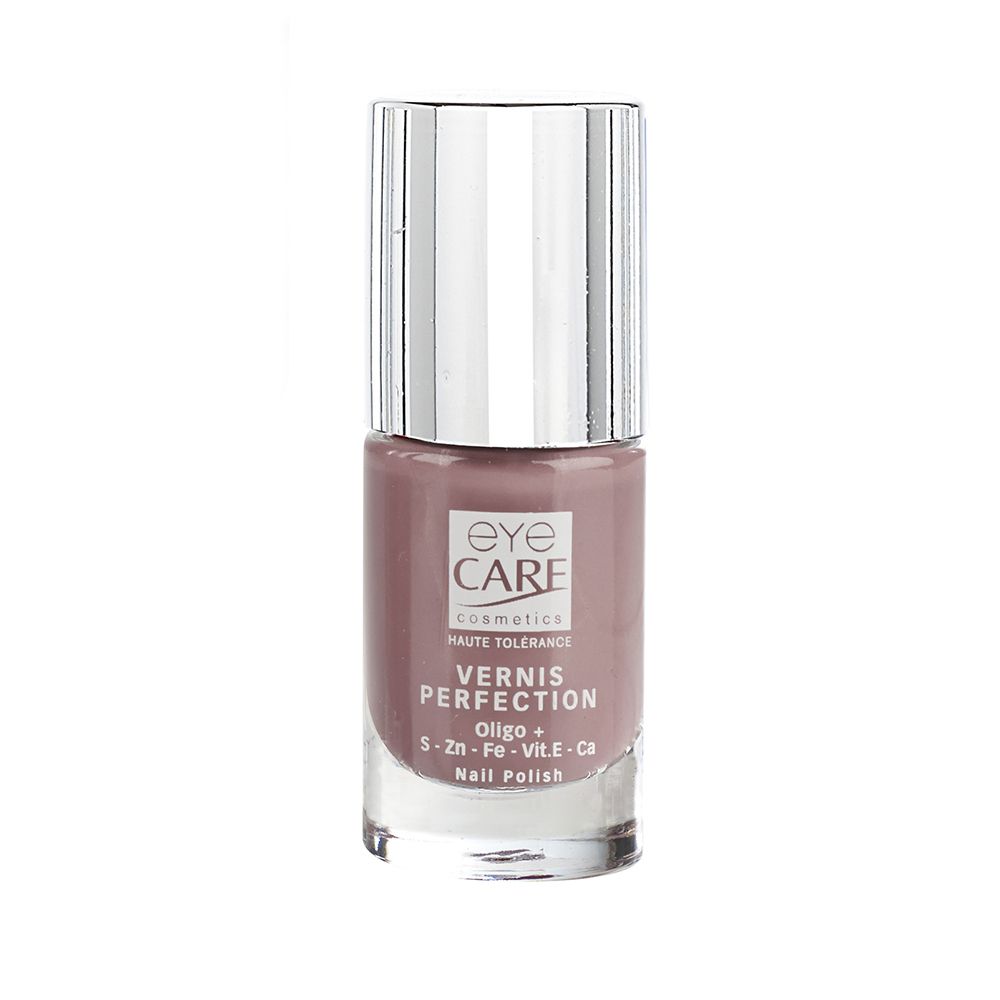 Nagellackflasche mit silbernem Deckel. Aufschrift: eye CARE cosmetics, Vernis Perfection, Beige.