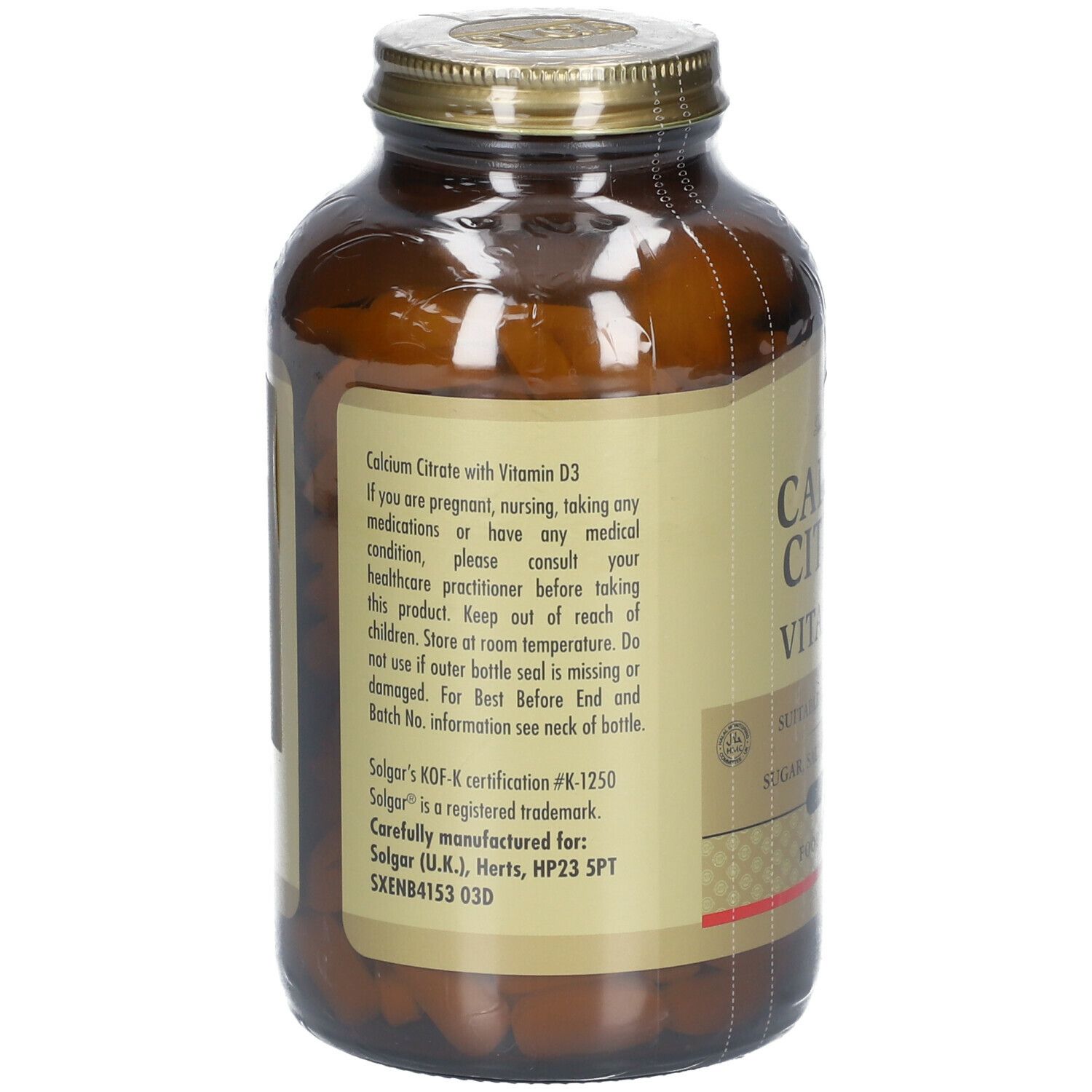 Rückseite einer braunen Glasflasche. Etikett mit Informationen zu "Calcium Citrat with Vitamin D3" und Herstellerangaben.