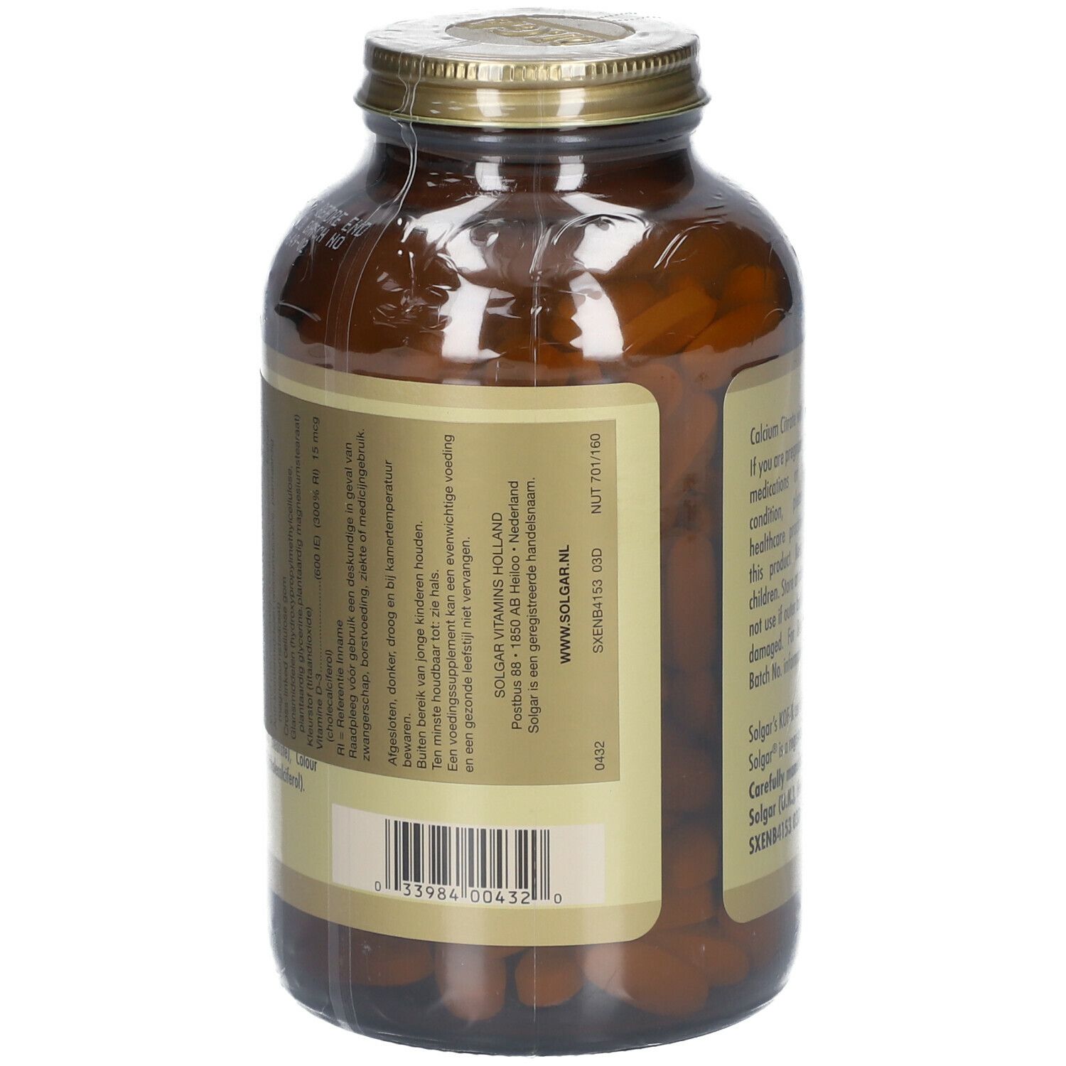Rückansicht einer braunen Glasflasche. Etikett mit Informationen zu "Calcium Citrat with Vitamin D3" und Barcode.