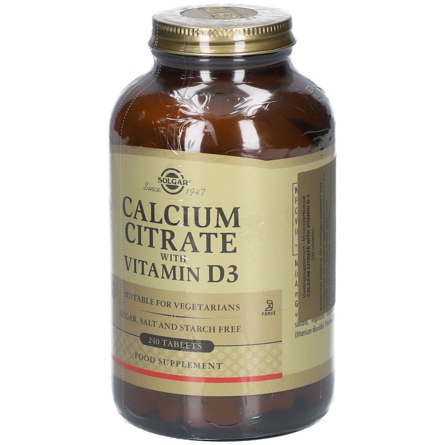 Braune Glasflasche mit goldfarbenem Deckel. Etikett mit "Calcium Citrat with Vitamin D3" und "240 Tablets".