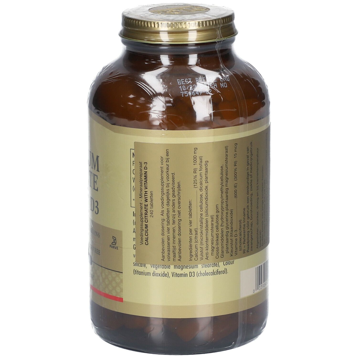 Rückseite einer braunen Glasflasche. Etikett mit Inhaltsstoffen und Informationen zu "Calcium Citrat with Vitamin D3".