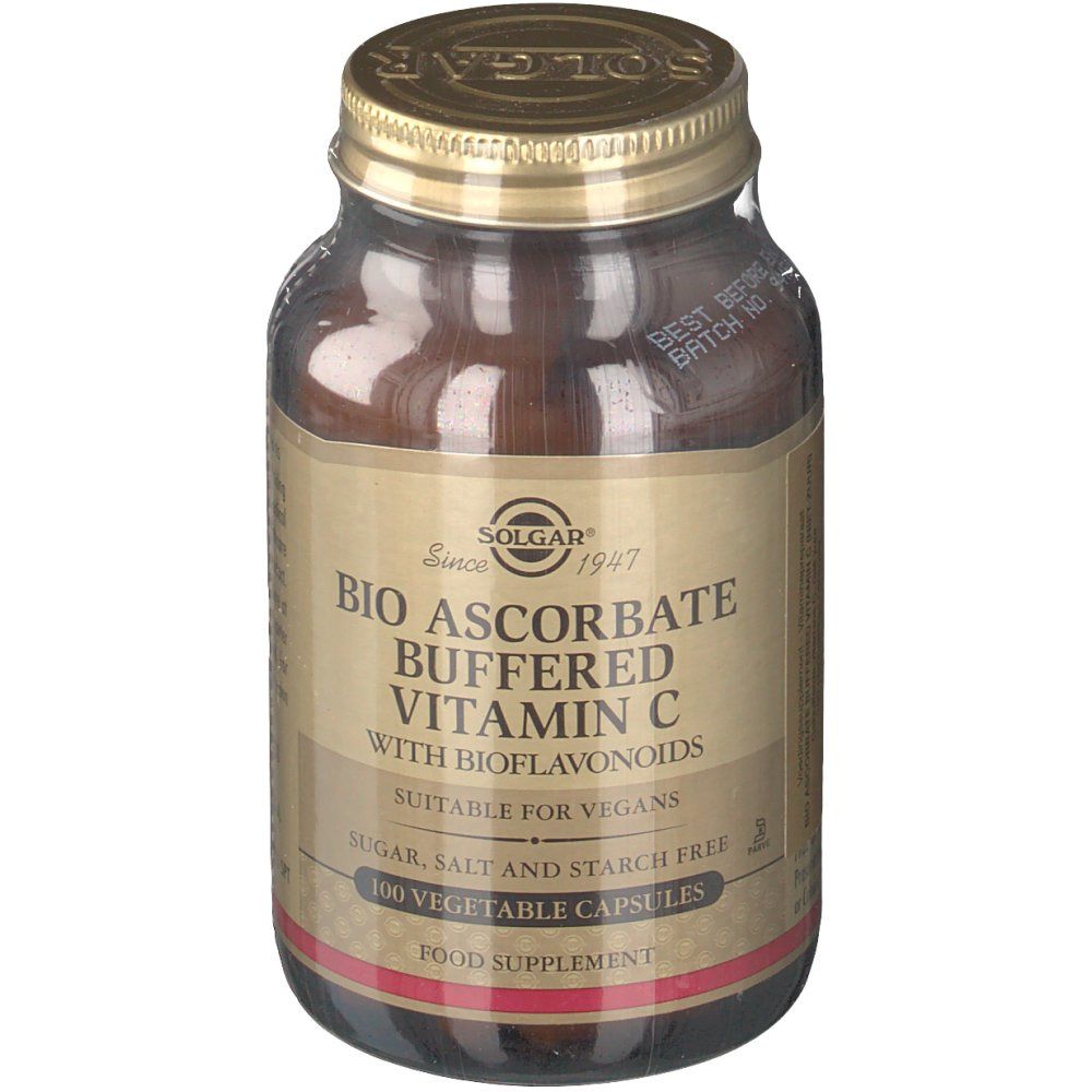 Bruine glazen fles met gouden dop. Etiket met productnaam: Bio Ascorbate Buffered Vitamin C. Geschikt voor veganisten.