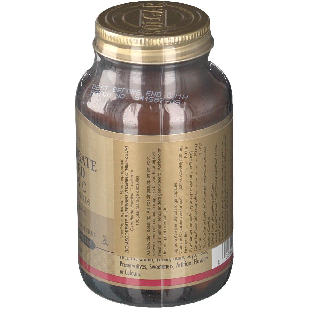 Achterkant van de bruine glazen fles. Etiket met ingrediënten en voedingswaarde. Bevat 100 plantaardige capsules.