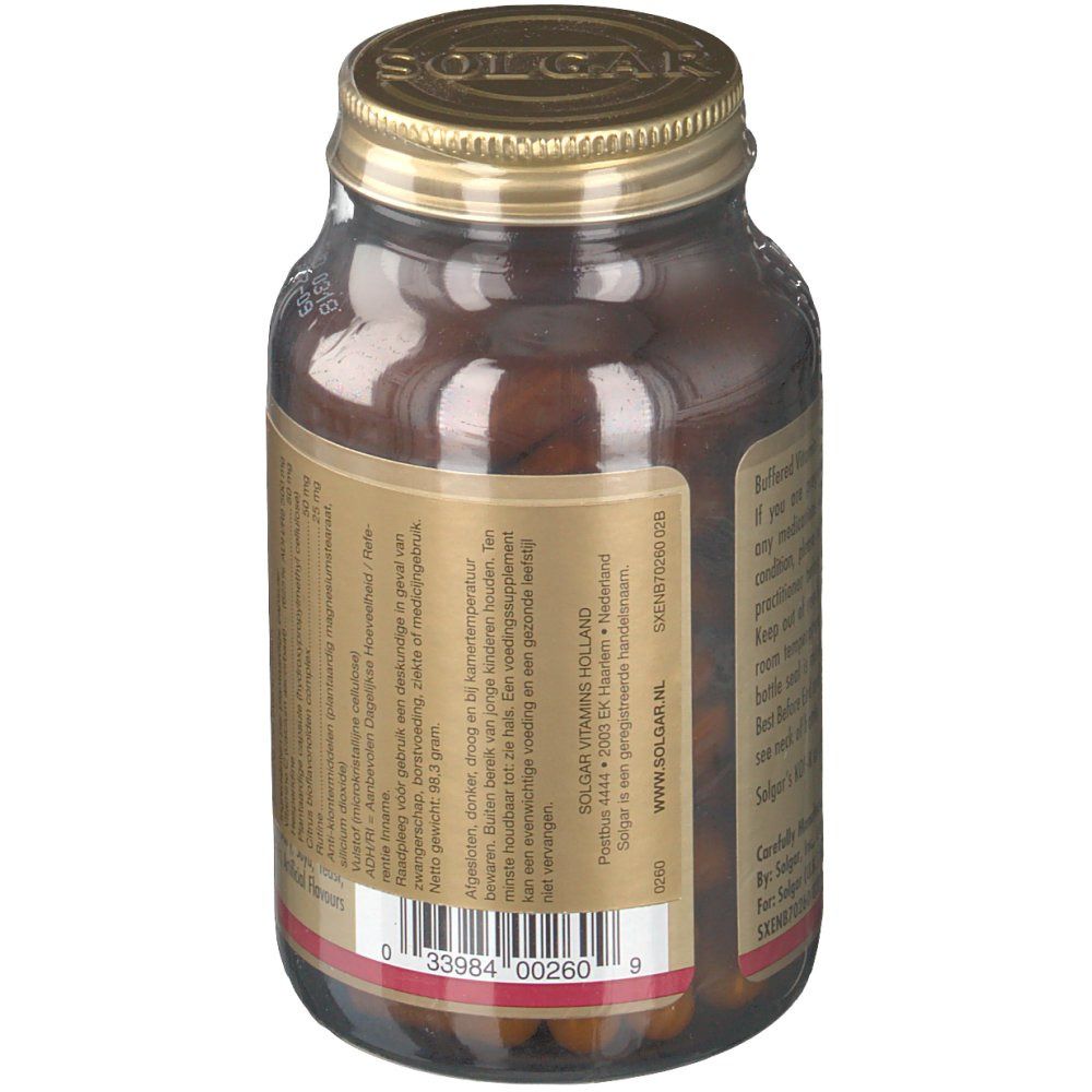 Bruine glazen fles, zijaanzicht. Etiket met fabrikantinfo en barcode. Bevat capsules.