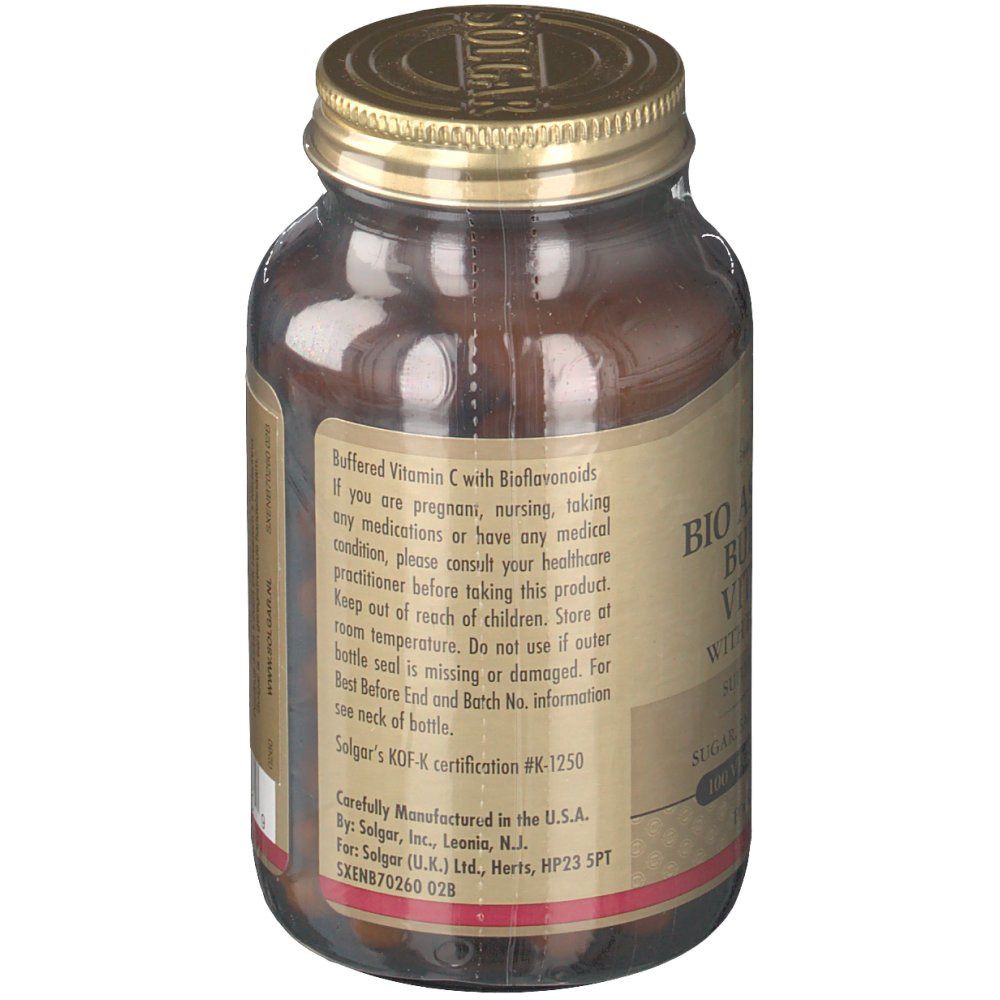 Bruine glazen fles, etiket met waarschuwingen en certificering K-1250. Gouden dop.