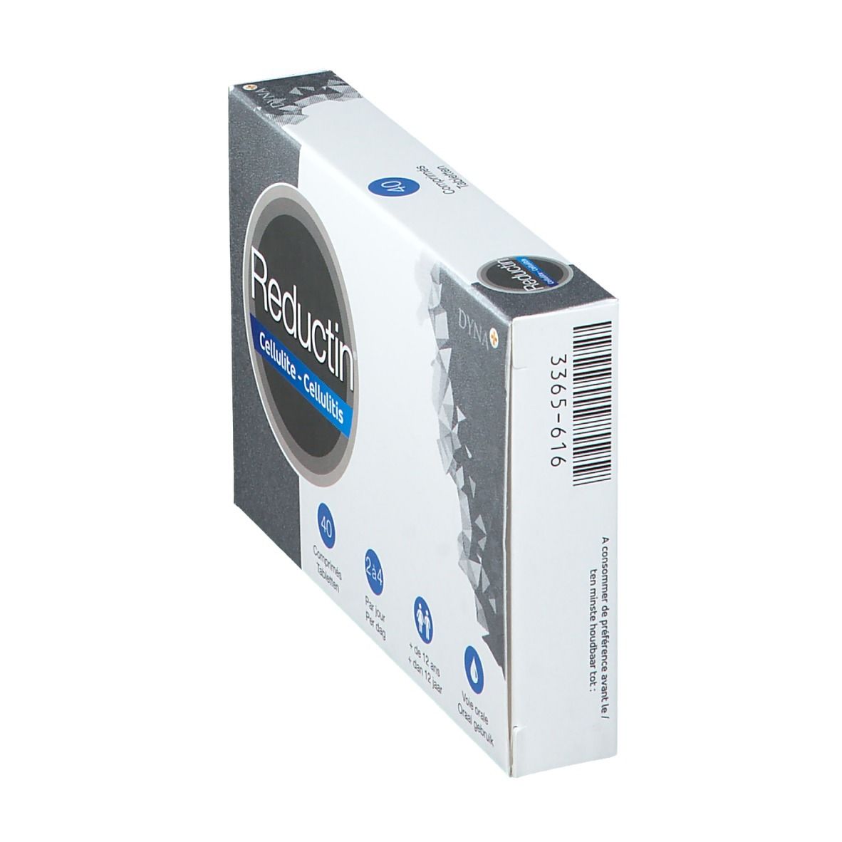 Scatola "Reductin Cellulite - Cellulitis". Vista laterale con codice a barre e testo. 40 compresse, +12 anni.