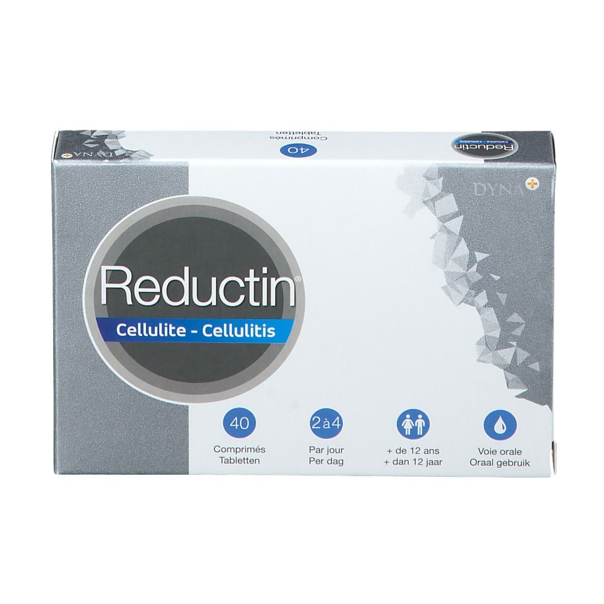 Scatola "Reductin Cellulite - Cellulitis". 40 compresse, 2-4/giorno, +12 anni, uso orale. Design bianco.