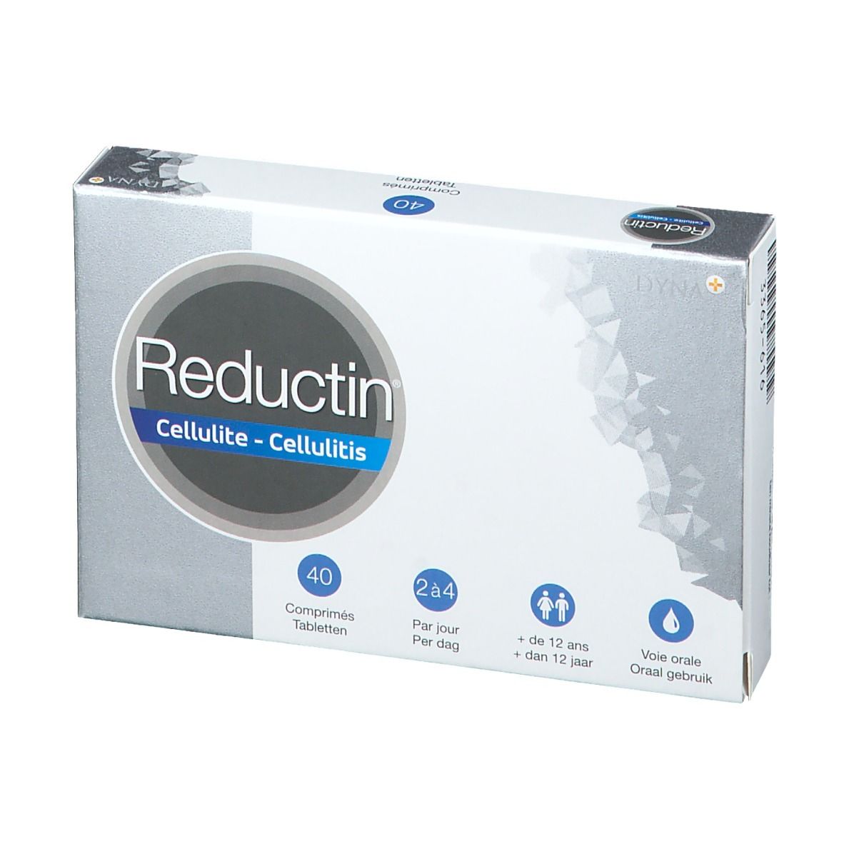 Scatola "Reductin Cellulite - Cellulitis". 40 compresse, 2-4/giorno, +12 anni, uso orale. Design bianco.