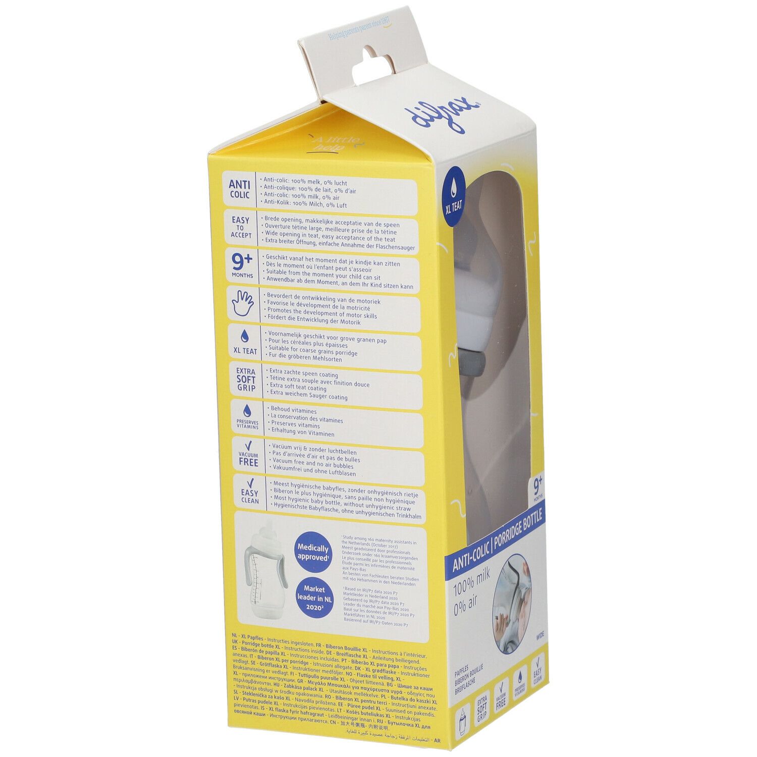 Emballage jaune avec détails du biberon. Inscription : difrax, XL Teat, Anti-colique, 9+, 100% lait, 0% air. Informations produit.