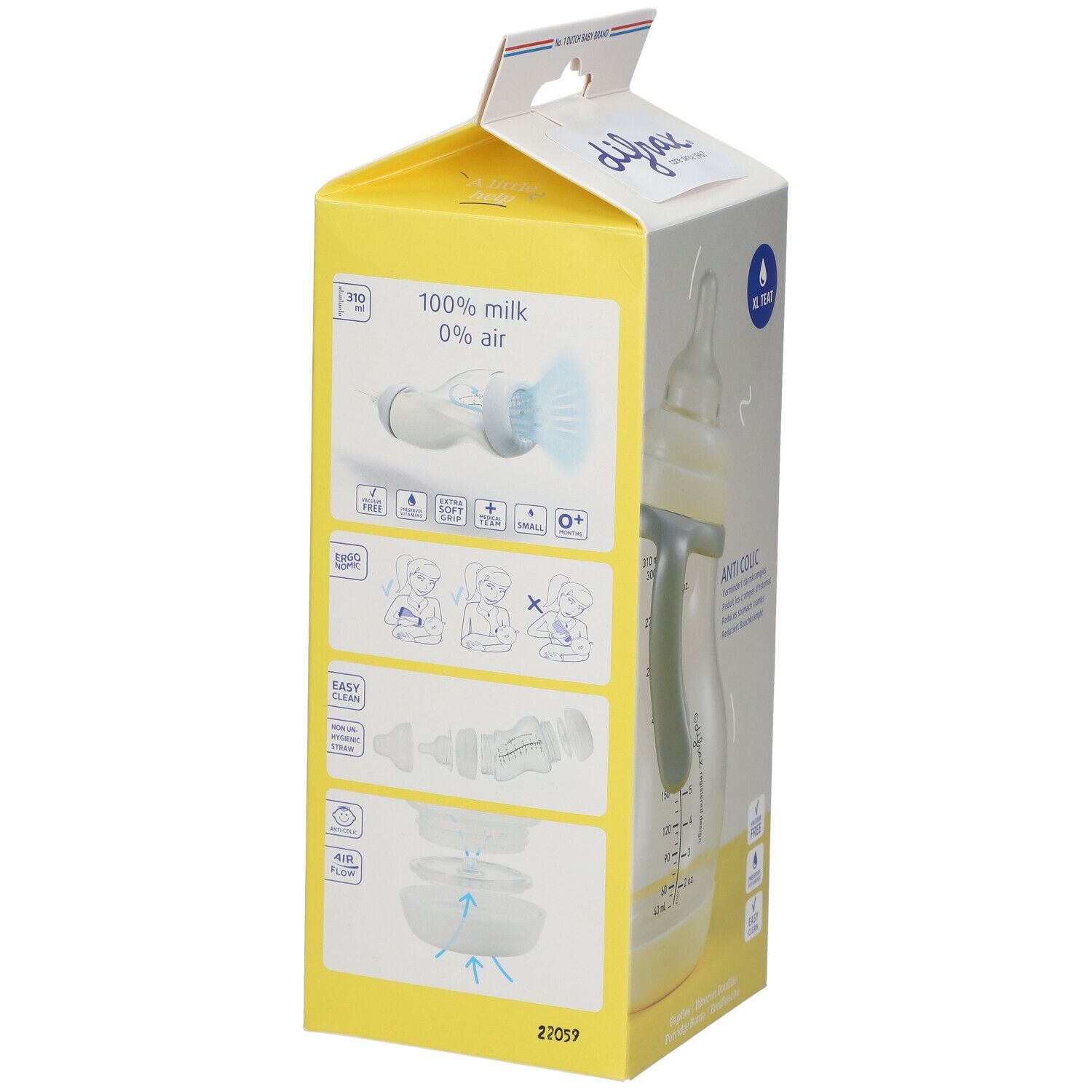 Emballage jaune avec détails du biberon. Inscription : difrax, XL Teat, Anti-colique, 9+, 100% lait, 0% air. Informations produit.