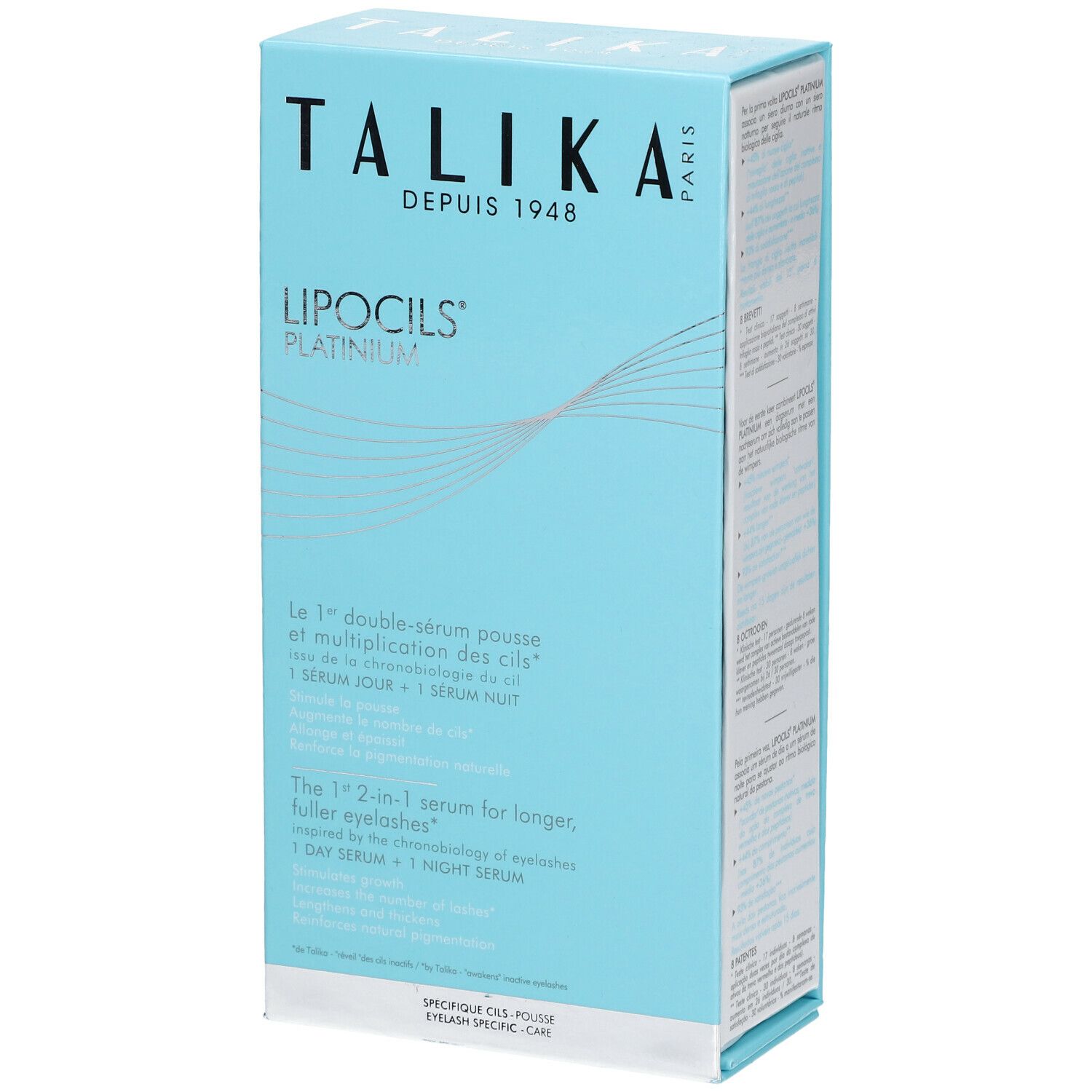 Emballage bleu clair. Inscription : TALIKA, LIPOCILS PLATINIUM®. Texte multilingue.