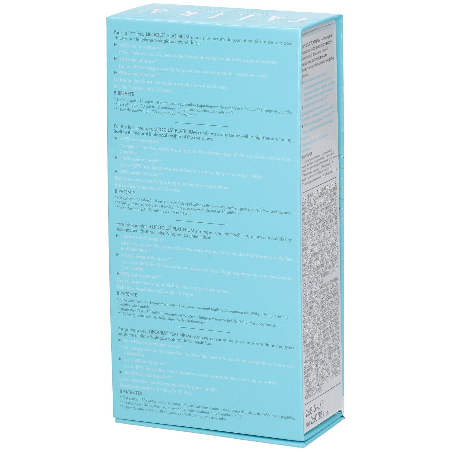 Emballage bleu clair. Inscription : TALIKA, LIPOCILS PLATINIUM®. Texte multilingue.