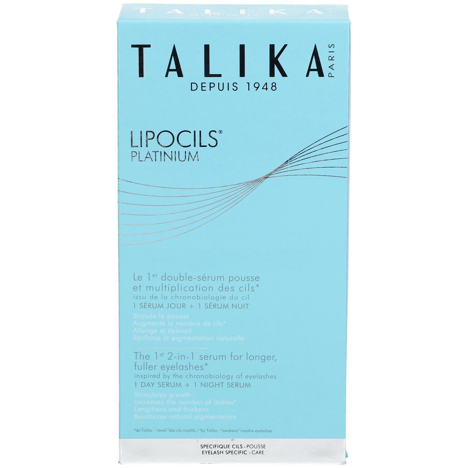 Emballage bleu clair. Inscription : TALIKA, LIPOCILS PLATINIUM®. Texte multilingue.