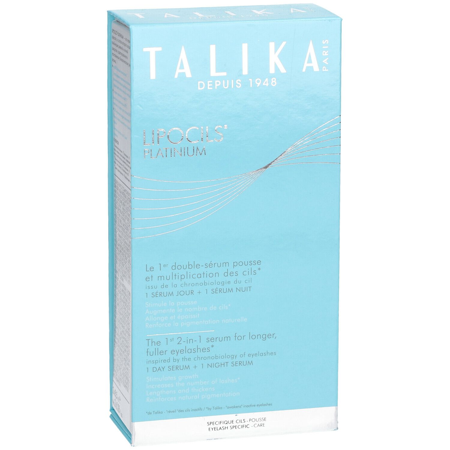 Emballage bleu clair. Inscription : TALIKA, LIPOCILS PLATINIUM®. Texte multilingue.
