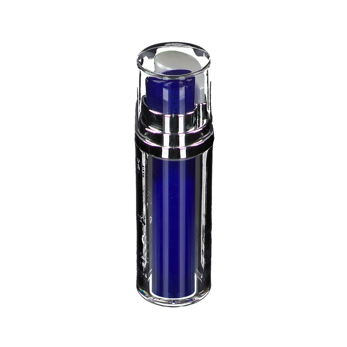 Zylindrische Flasche mit blauem Inhalt, silbernem Rand und transparentem Deckel. Pumpmechanismus sichtbar.