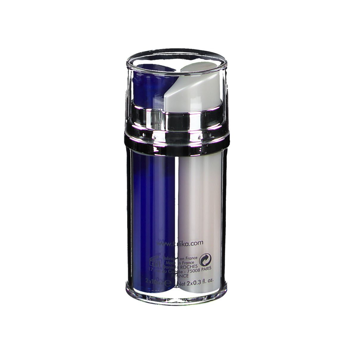 Zylindrische Flasche, silber-blau geteilt, mit transparentem Deckel. Aufschrift: TALIKA, www.talika.com, 2x0.3 fl. oz.