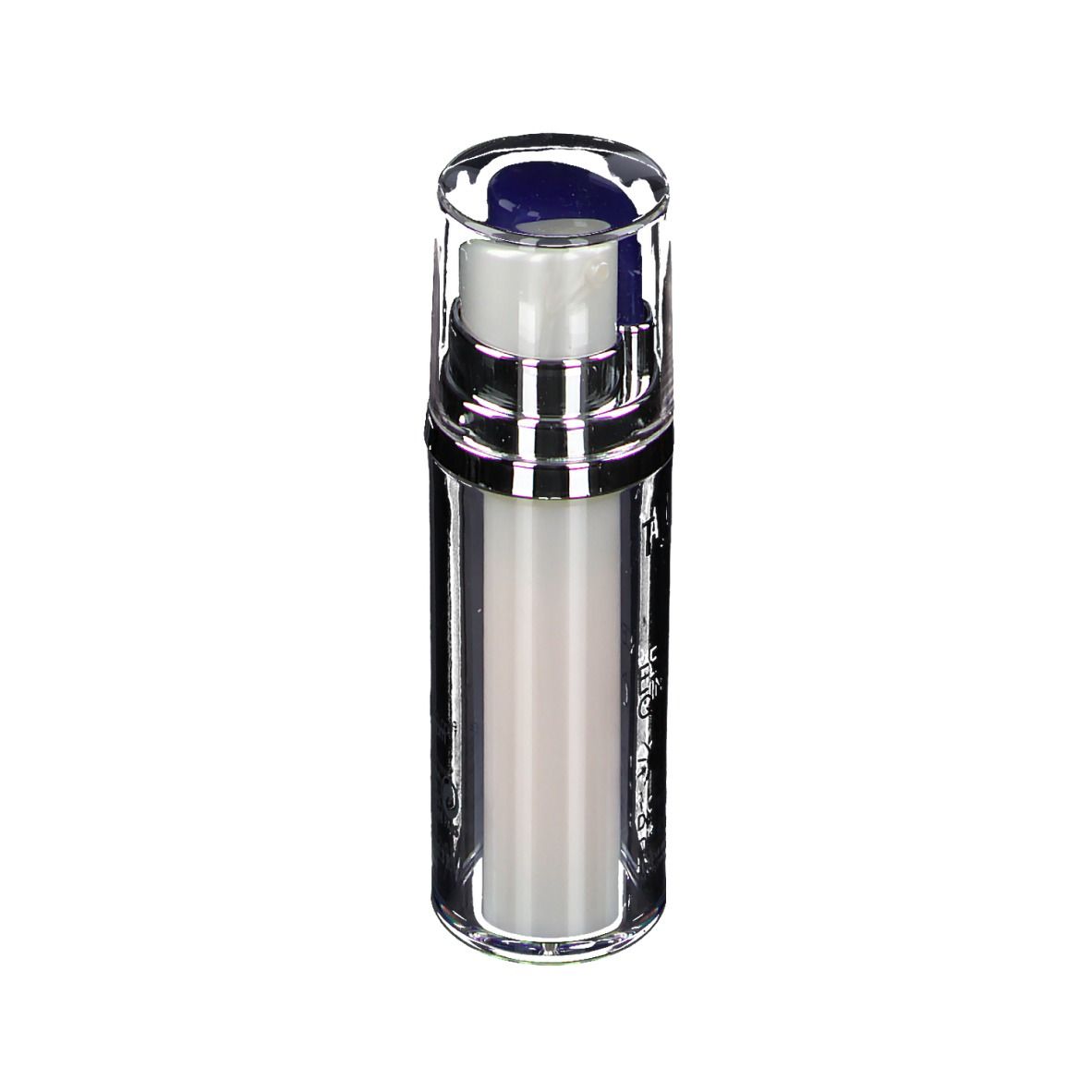 Zylindrische Flasche mit weißem Inhalt, silbernem Rand und transparentem Deckel. Pumpmechanismus sichtbar.