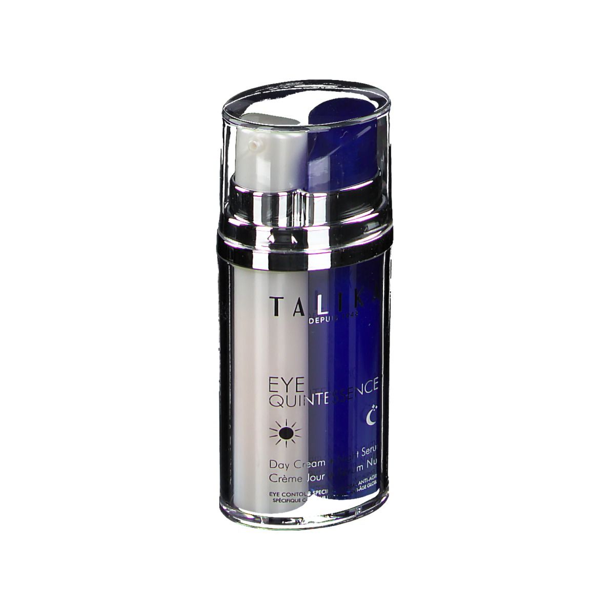 Zylindrische Flasche, silber-blau geteilt, mit transparentem Deckel. Aufschrift: TALIKA, EYE QUINTESSENCE, Day Cream, Serum Nuit.