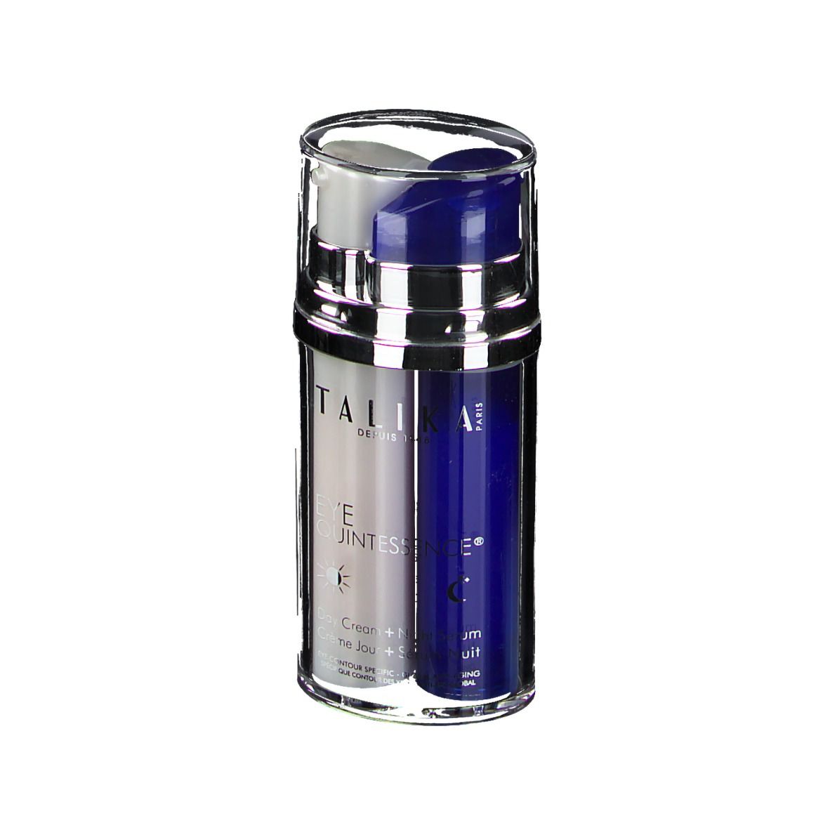 Zylindrische Flasche, silber-blau geteilt, mit transparentem Deckel. Aufschrift: TALIKA, EYE QUINTESSENCE, Day Cream, Serum Nuit.