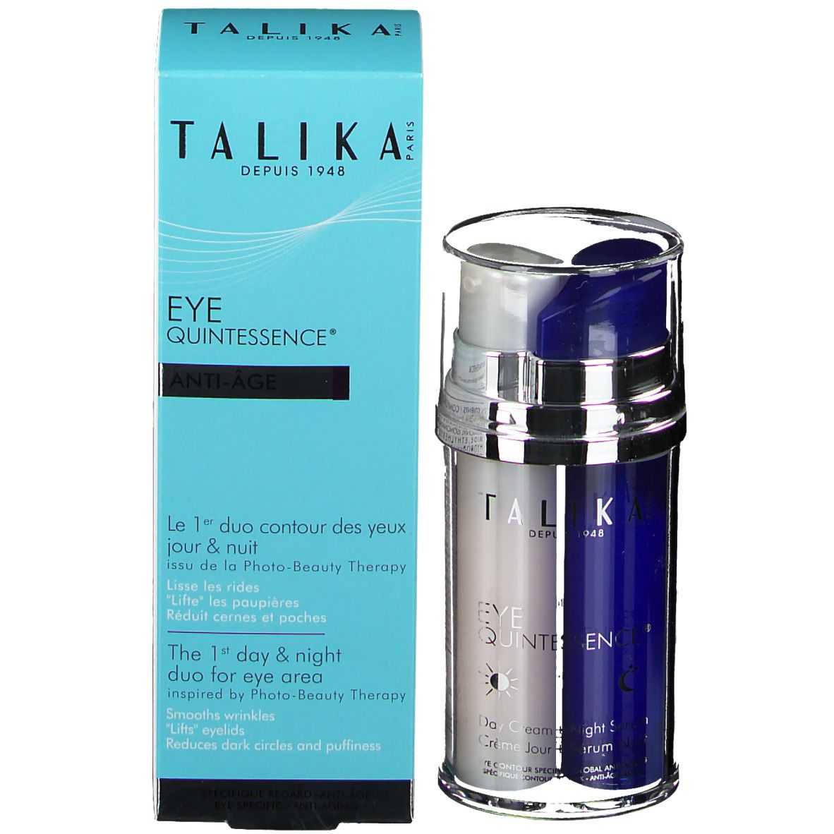 Produktverpackung und Flasche. Verpackung: hellblau, TALIKA, EYE QUINTESSENCE, Anti-Age. Flasche: silber-blau, Day Cream, Serum Nuit.