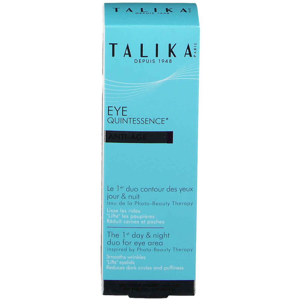 Hellblaue Produktverpackung. Aufschrift: TALIKA, EYE QUINTESSENCE, Anti-Age. Text: Duo contour des yeux jour & nuit.