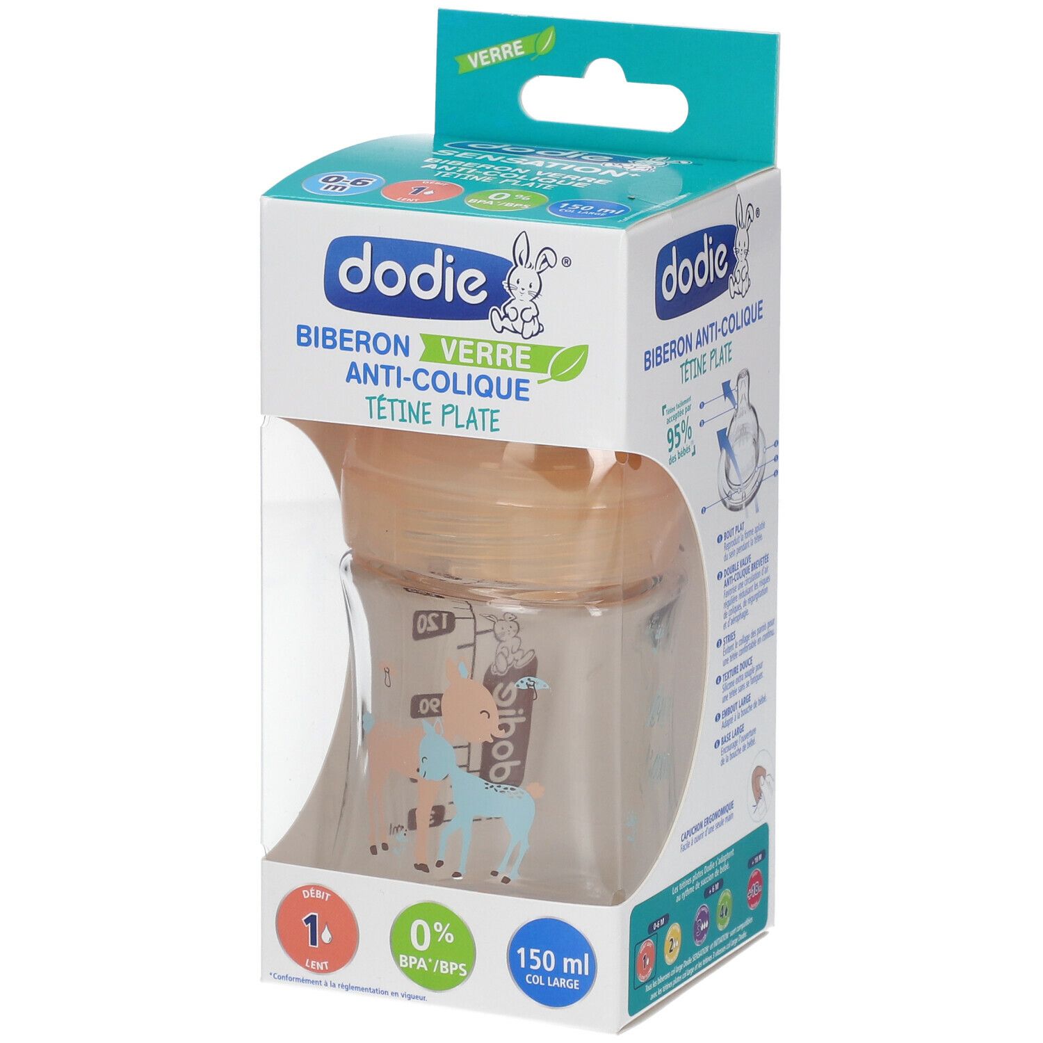 Biberon Dodie en verre, anti-colique, tétine plate, dans son emballage. 150 ml.