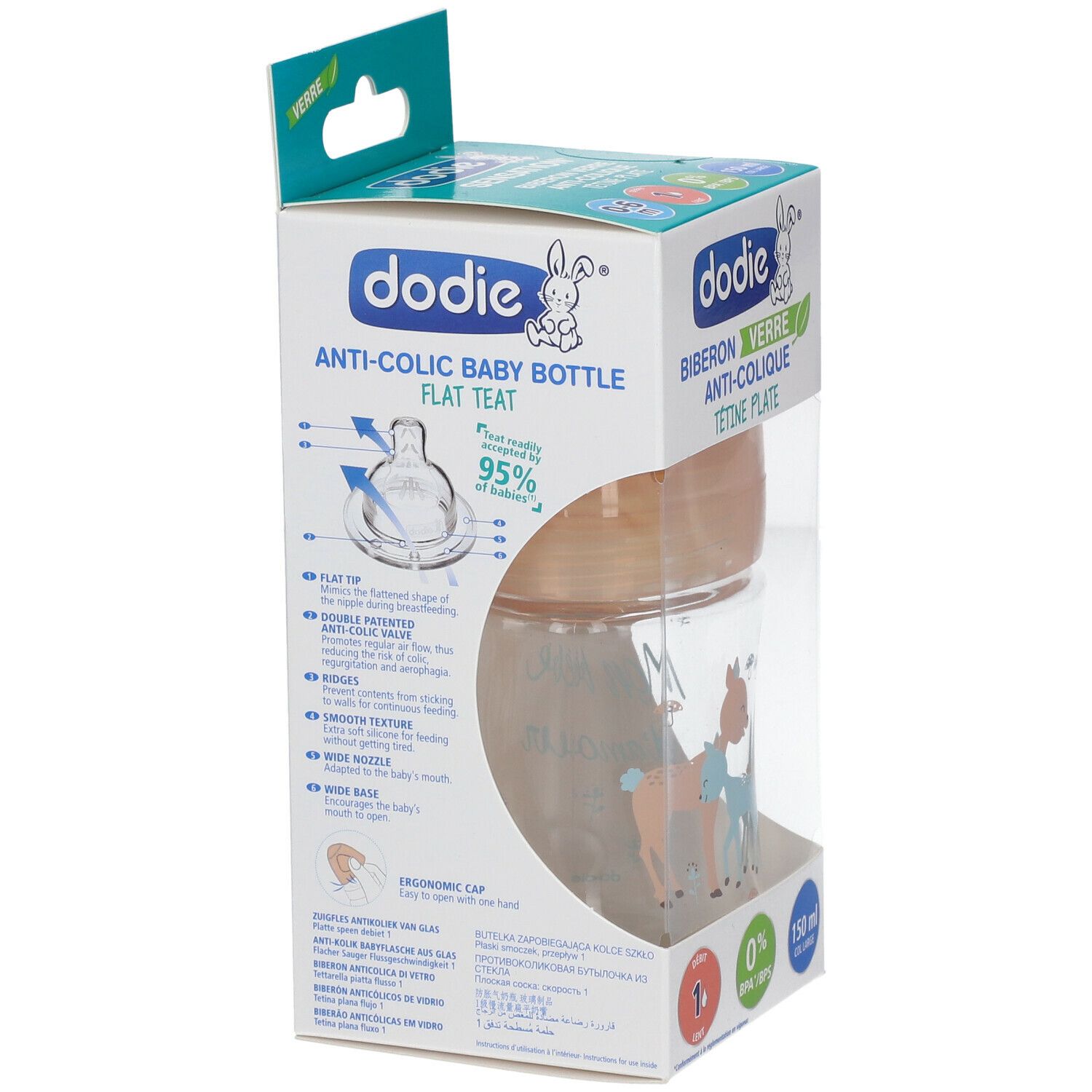 Biberon Dodie anti-colique, tétine plate, dans son emballage. Détails du biberon et de l'emballage.