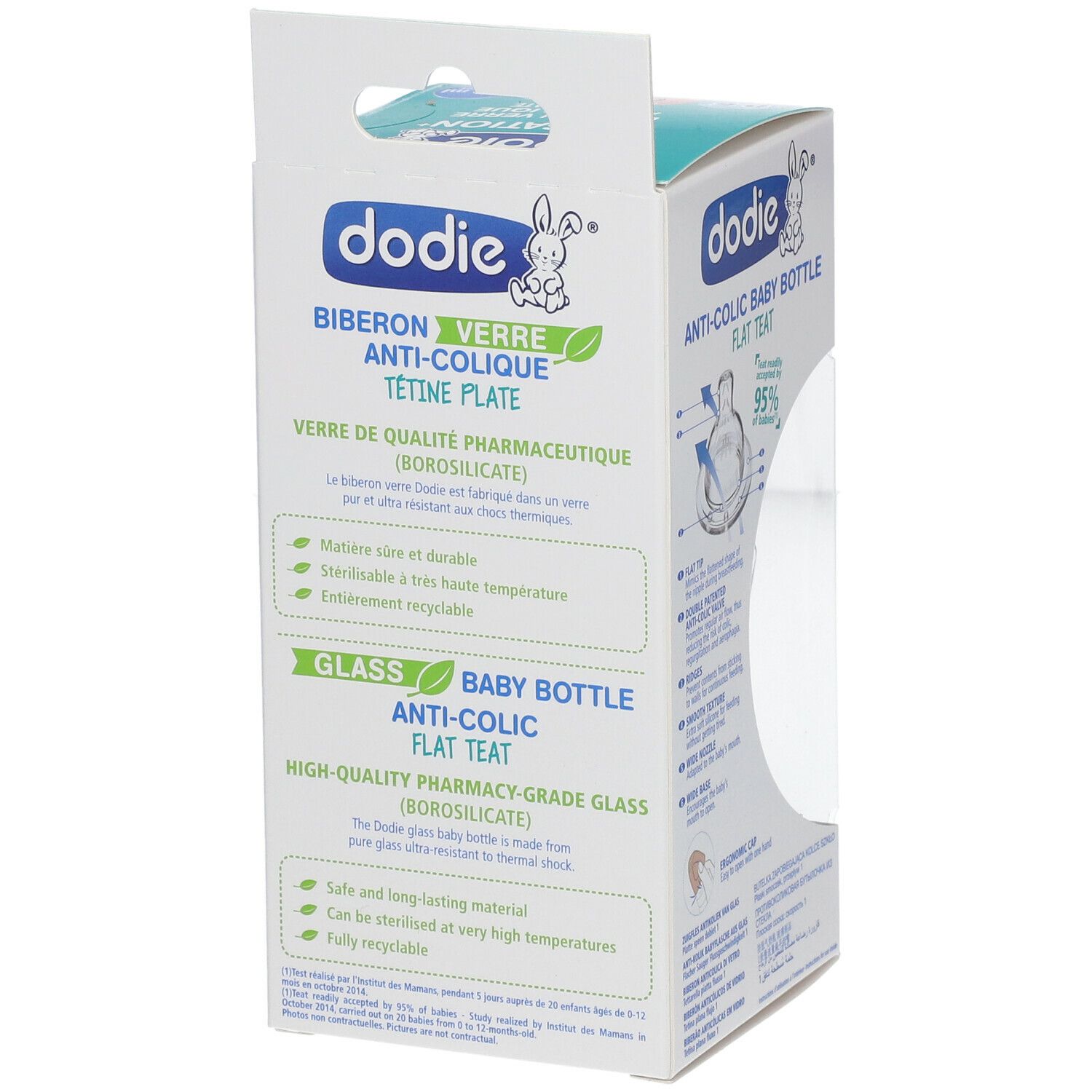 Emballage du biberon Dodie. Informations sur le verre, anti-colique et le matériel.