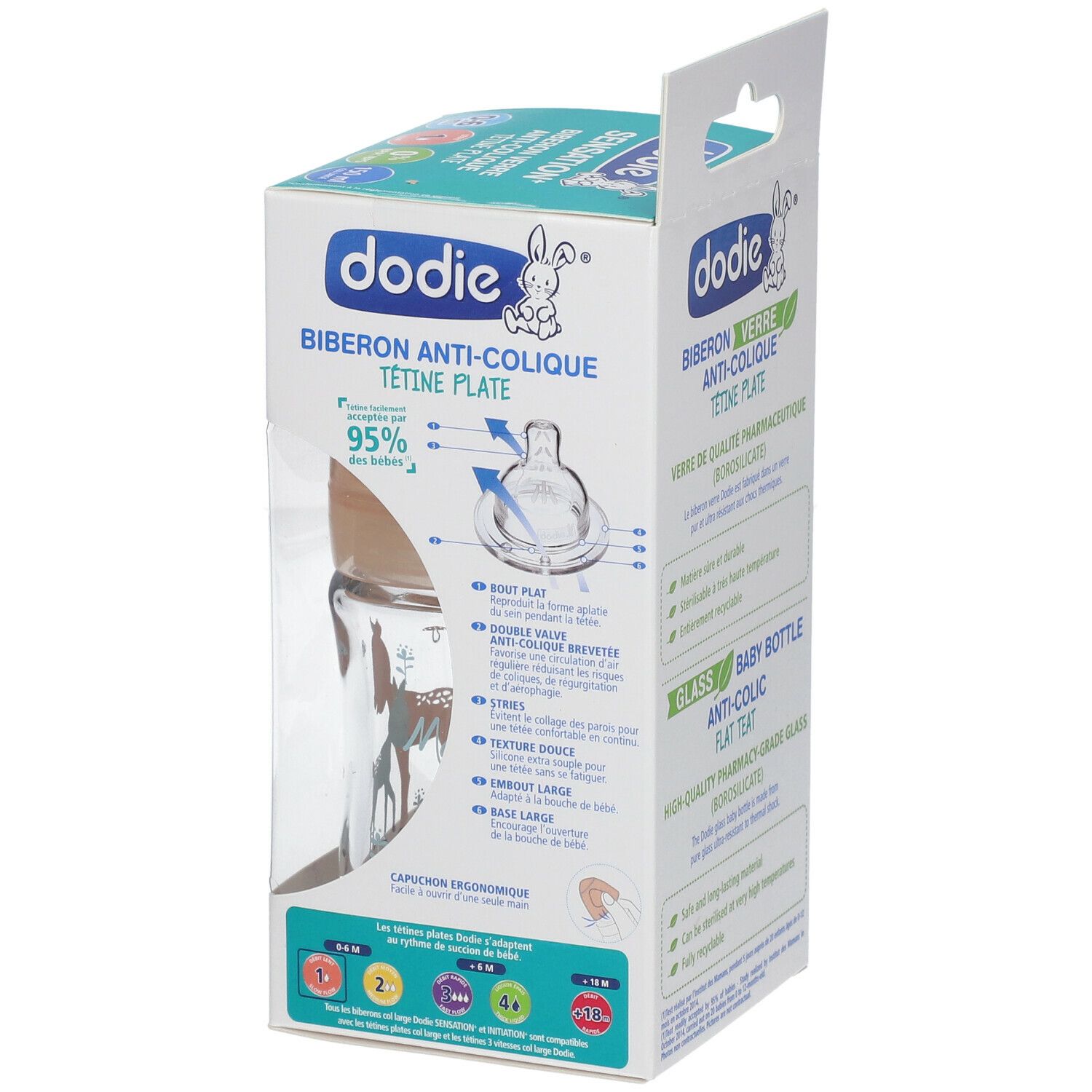 Biberon Dodie anti-colique, tétine plate, dans son emballage. Détails du biberon et de l'emballage.