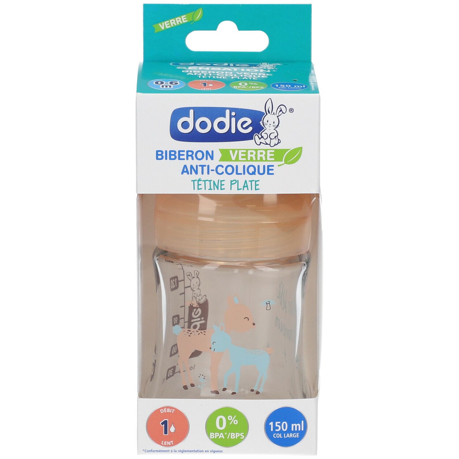 Biberon Dodie en verre, anti-colique, tétine plate, dans son emballage. 150 ml.
