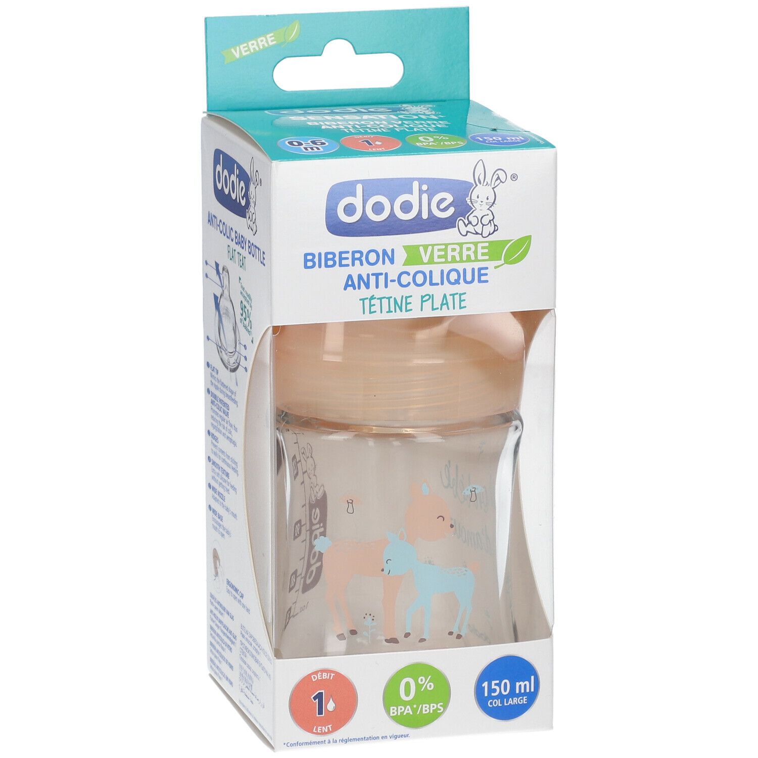 Biberon Dodie en verre, anti-colique, tétine plate, dans son emballage. 150 ml.
