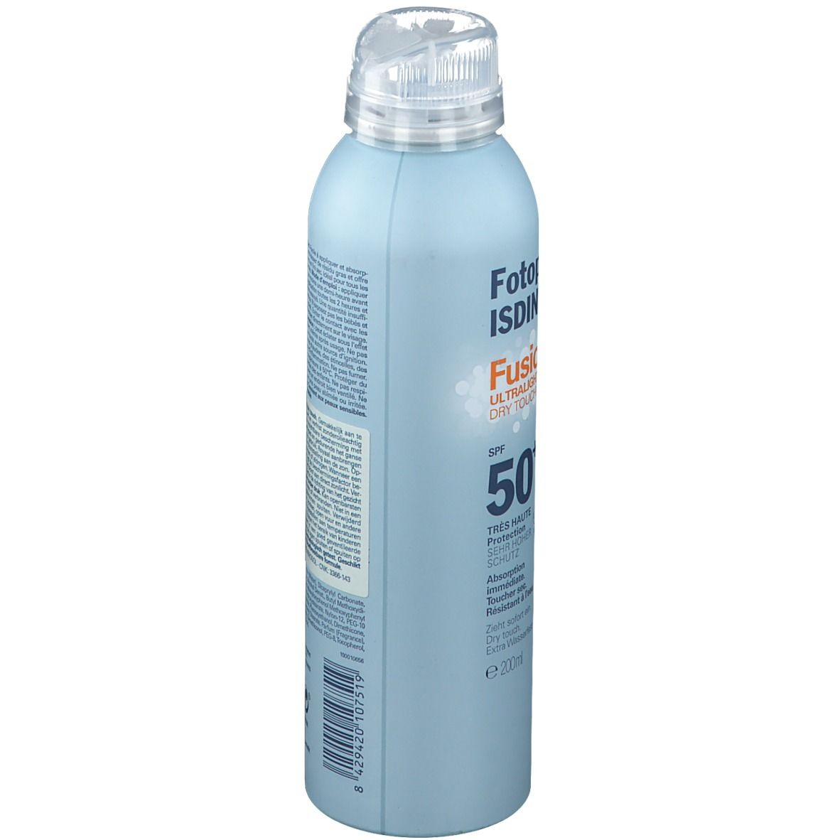 Flacon spray bleu clair avec bouchon blanc. Texte et symboles sur le côté. Logo ISDIN en bas.
