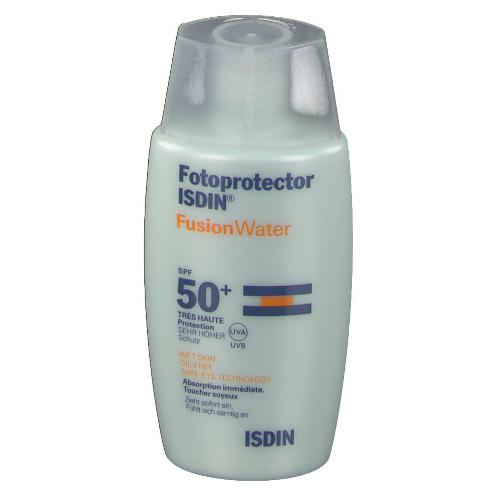 Flacon de Fotoprotector ISDIN FusionWater SPF50+. Flacon vert clair avec bouchon transparent. Nom du produit et SPF50+ visibles.