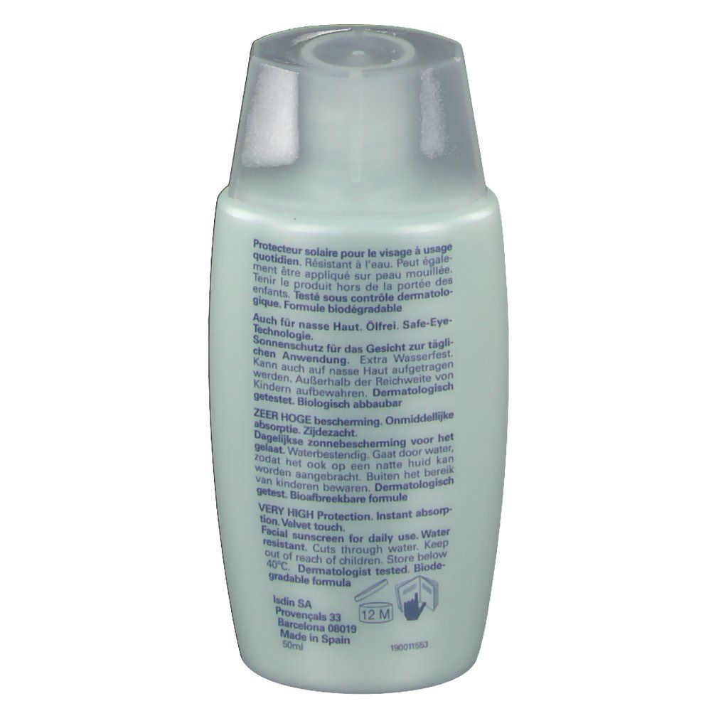 Dos du flacon Fotoprotector ISDIN FusionWater. Texte multilingue. Bouchon transparent. Flacon vert clair.