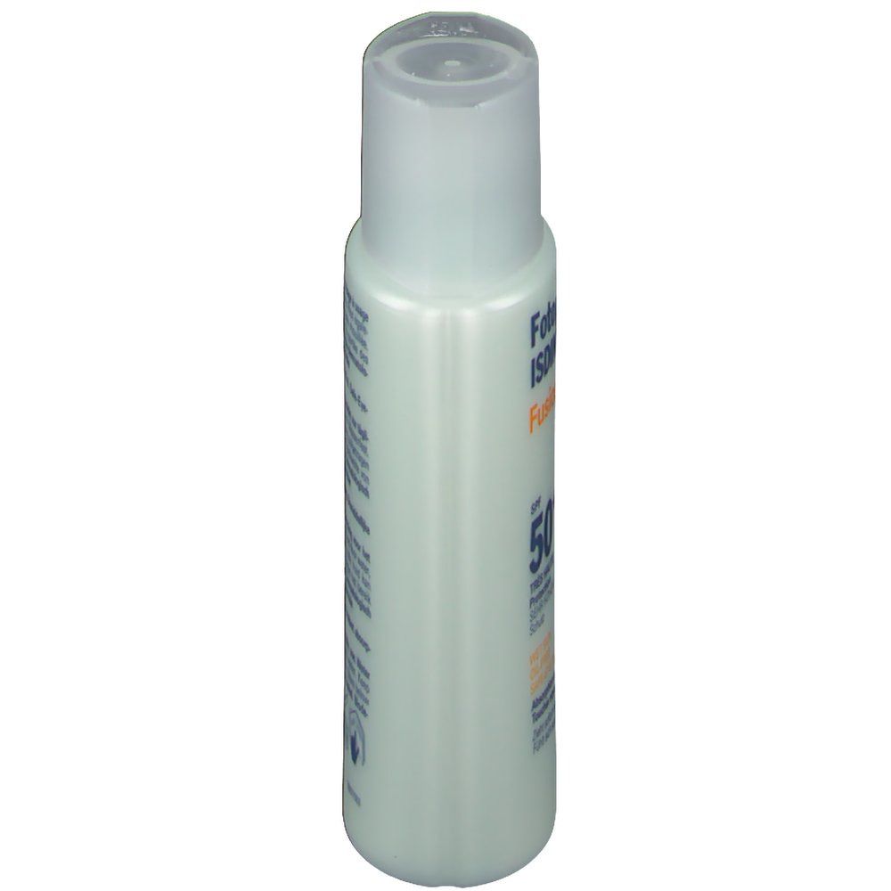 Flacon Fotoprotector ISDIN FusionWater, vue latérale. Flacon vert clair avec bouchon transparent. Texte et SPF50+ visibles.