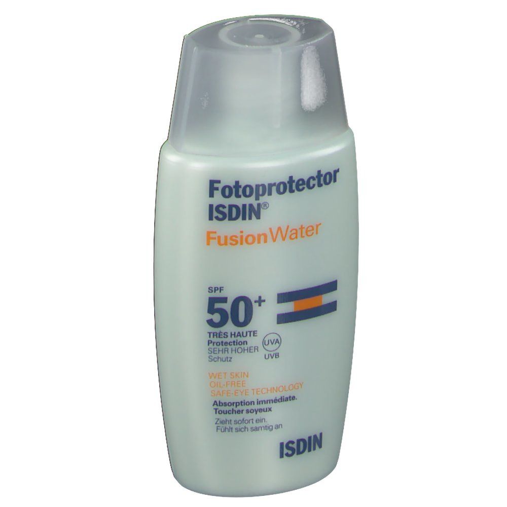 Flacon Fotoprotector ISDIN FusionWater SPF50+. Flacon vert clair avec bouchon transparent. Nom du produit et SPF50+ visibles.
