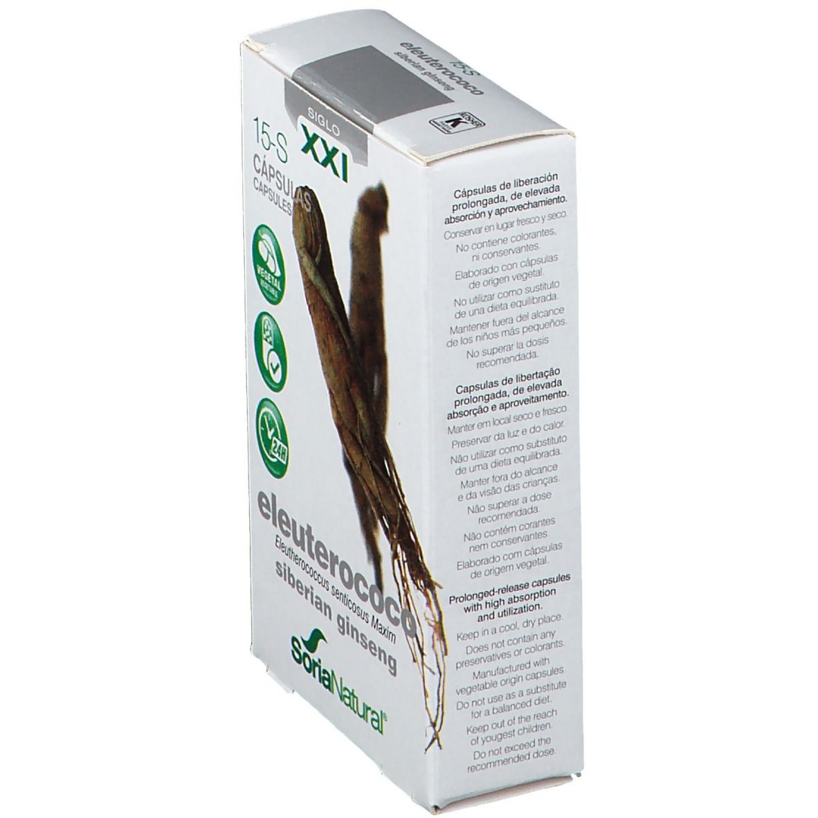 Boîte de 15-S capsules. Inscription: Eleutherococcus, Siberian Ginseng. Logo: Soria Natural. Texte sur le côté.