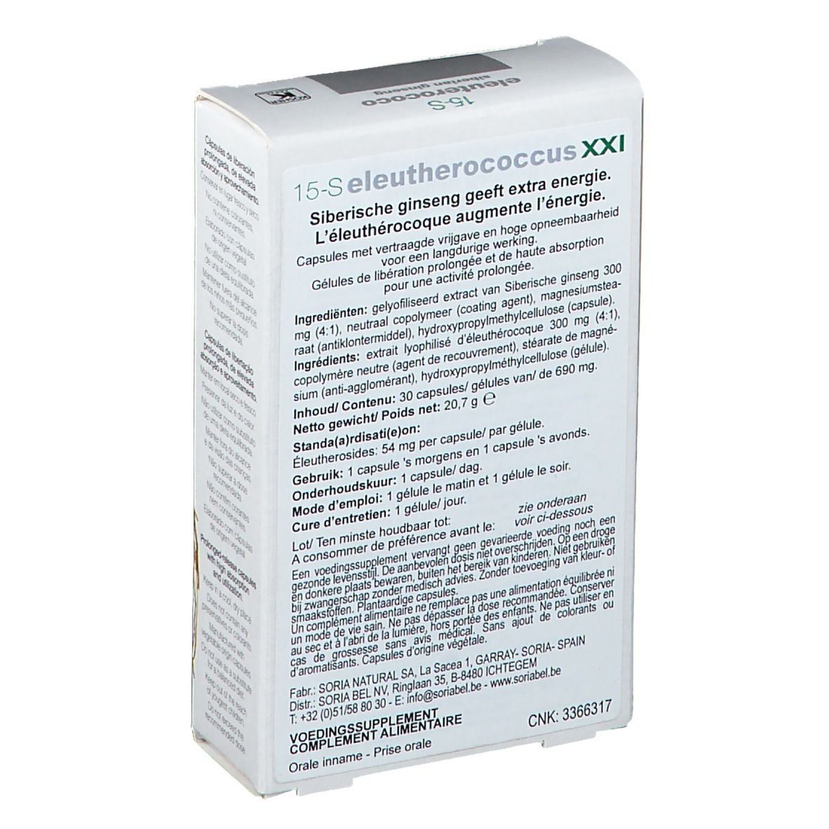 Boîte de 15-S capsules. Inscription: Eleutherococcus, Siberian Ginseng. Texte avec ingrédients. Logo: Soria Natural.