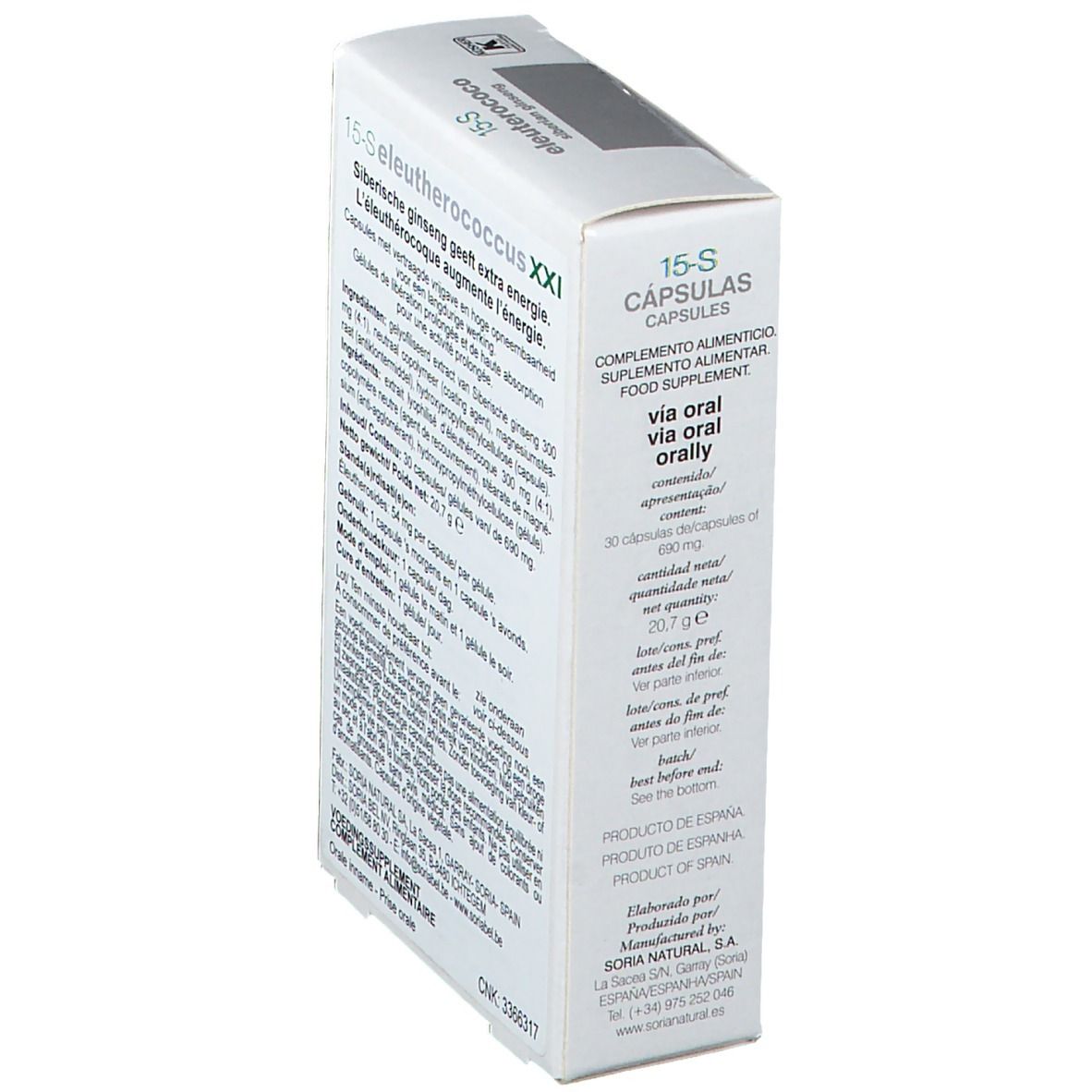 Boîte de 15-S capsules. Inscription: Eleutherococcus, Siberian Ginseng. Texte avec ingrédients. Logo: Soria Natural.