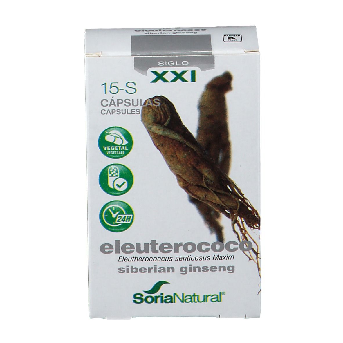 Boîte de 15-S capsules. Inscription: Eleutherococcus, Siberian Ginseng. Logo: Soria Natural. Sceau.