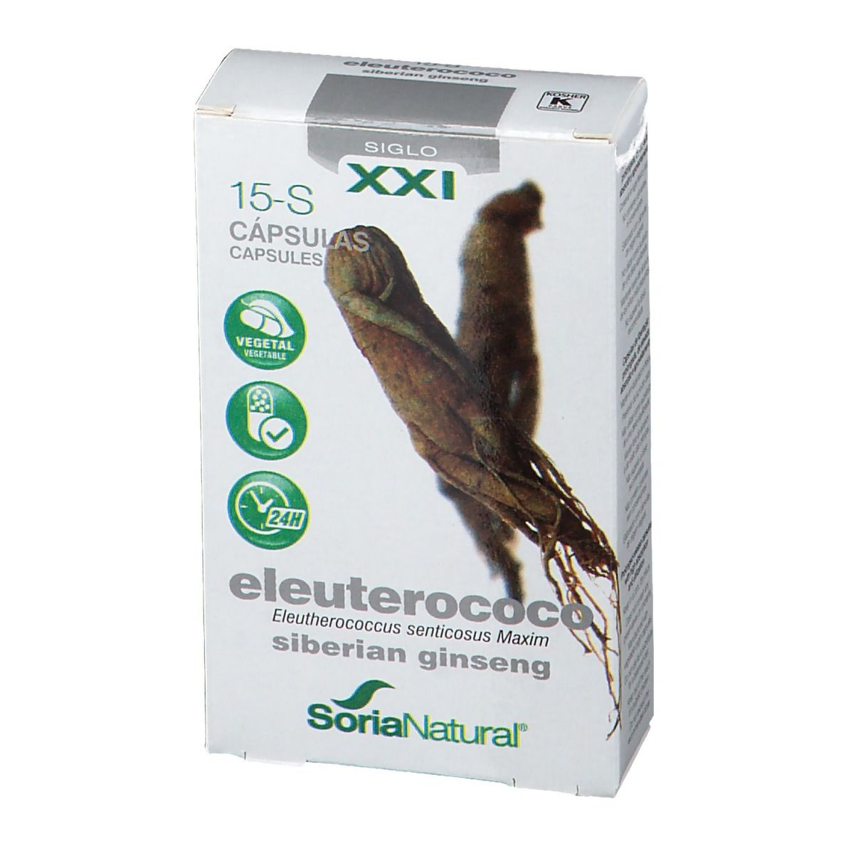 Boîte de 15-S capsules. Inscription: Eleutherococcus, Siberian Ginseng. Logo: Soria Natural. Sceau.